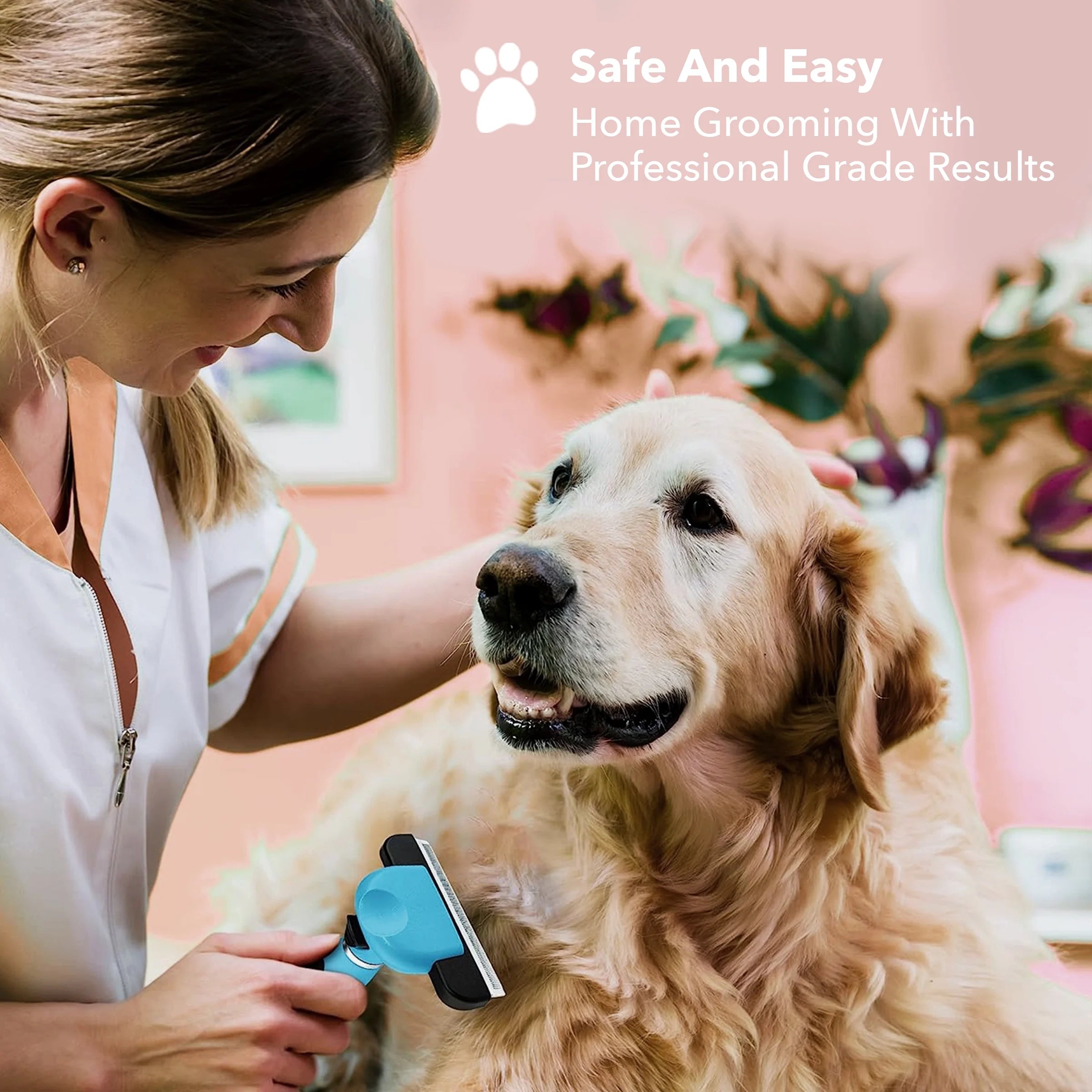 Ergonomic Grooming Brush for Dogs & Cats - Reduces Shedding - Easy Clean Anti-Slip Handle - Deshedding Tool