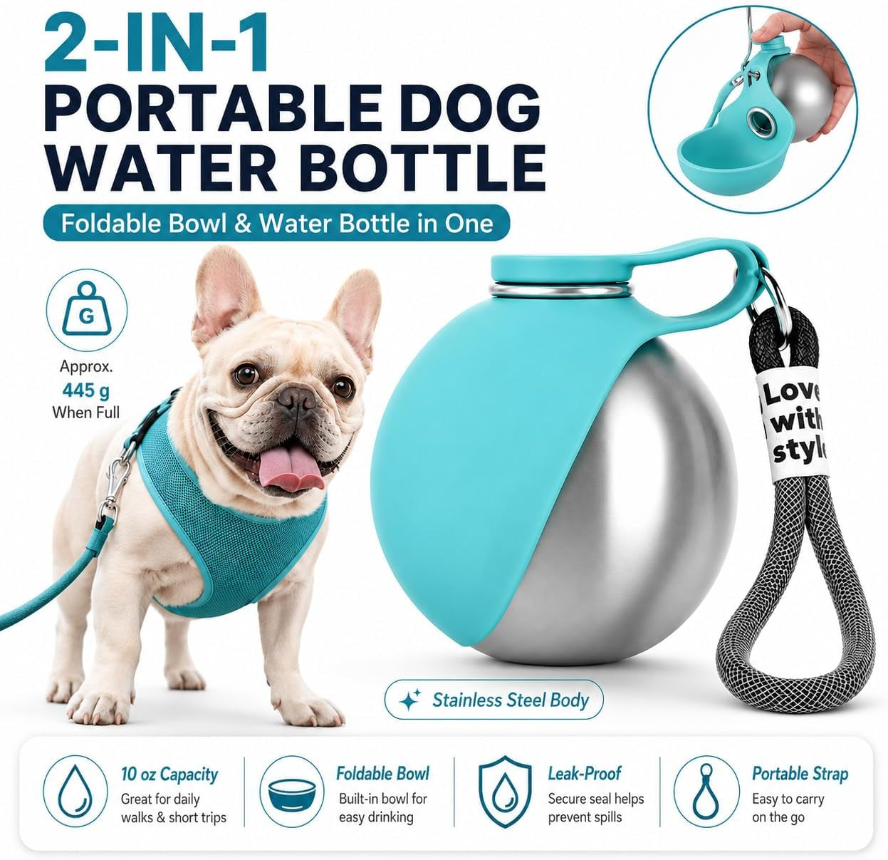 Portable Dog Water Bottle, 10 Oz Stainless Steel Pet Travel Dispenser with Silicone Foldable Bowl, Leak Proof Tumbler, Dog Walking Accessories for Hiking and Small Pets (Blue)