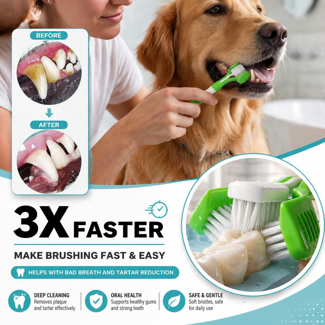Dog Toothbrush, 360 Degree Finger Toothbrushes, Triple Head Toothbrushes, Double Head Toothbrush,Cleaning Brushes for Dog Cat Oral Dental Health (Blue, L)