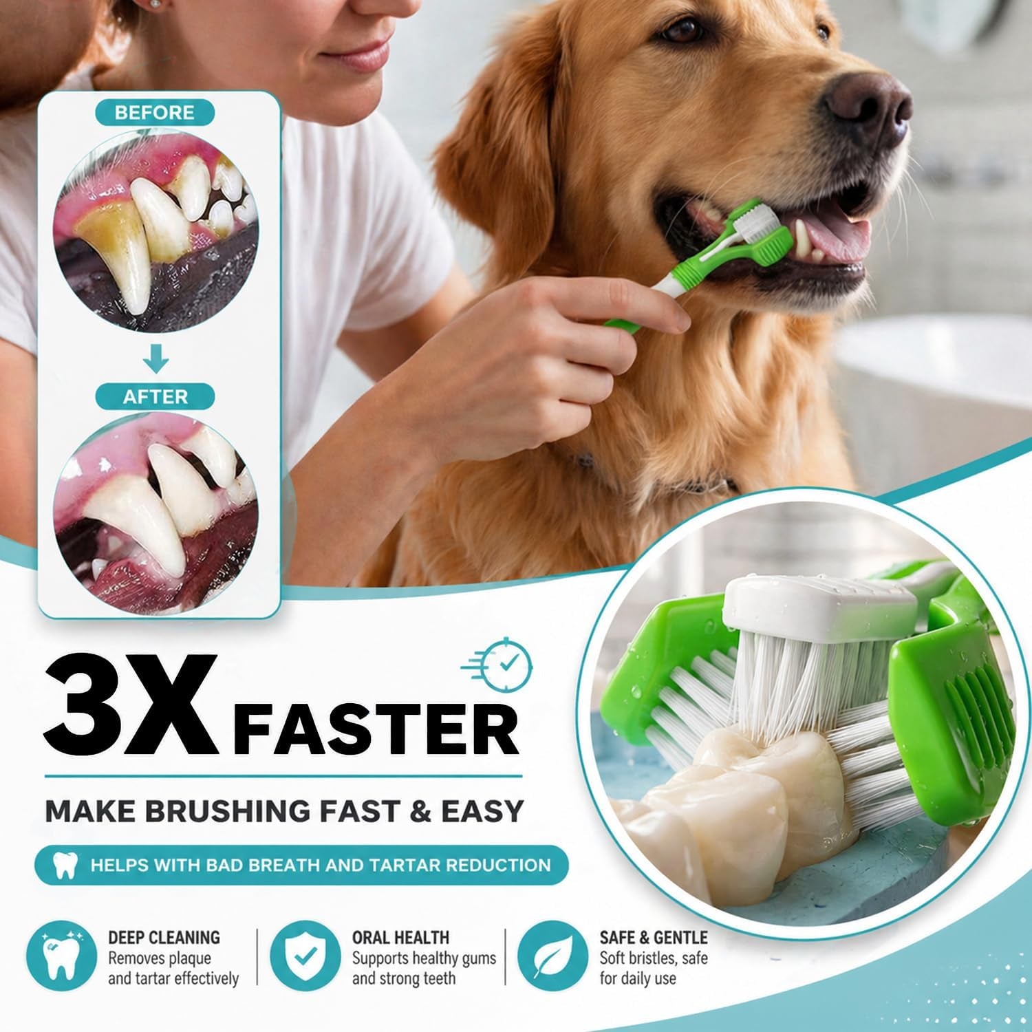 Dog Toothbrush, 360 Degree Finger Toothbrushes, Triple Head Toothbrushes, Double Head Toothbrush,Cleaning Brushes for Dog Cat Oral Dental Health (Blue, L)
