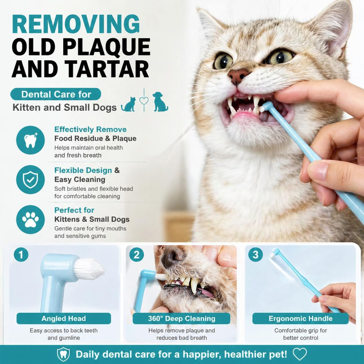 Dog Toothbrush, 360 Degree Finger Toothbrushes, Triple Head Toothbrushes, Double Head Toothbrush,Cleaning Brushes for Dog Cat Oral Dental Health (Blue, L)