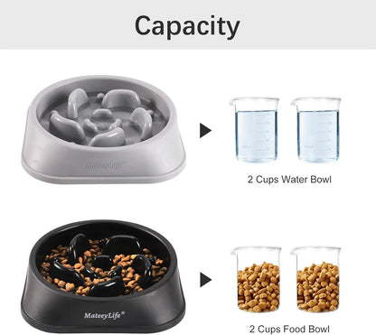 Slow Feeder Dog Bowls 2PCS, Non Slip Cat Food Bowls, Bloat Stop Maze Dishes, Interactive Feeder for All Breeds 2 Cup Gray&amp;Black