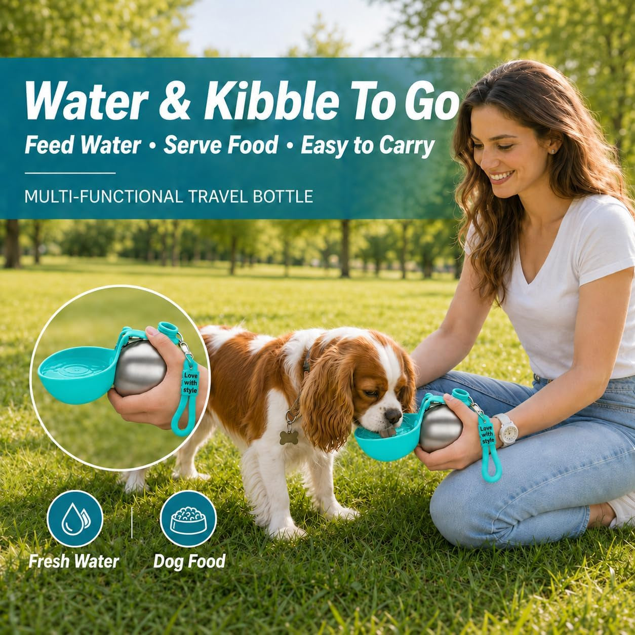Portable Dog Water Bottle, 10 Oz Stainless Steel Pet Travel Dispenser with Silicone Foldable Bowl, Leak Proof Tumbler, Dog Walking Accessories for Hiking and Small Pets (Blue)