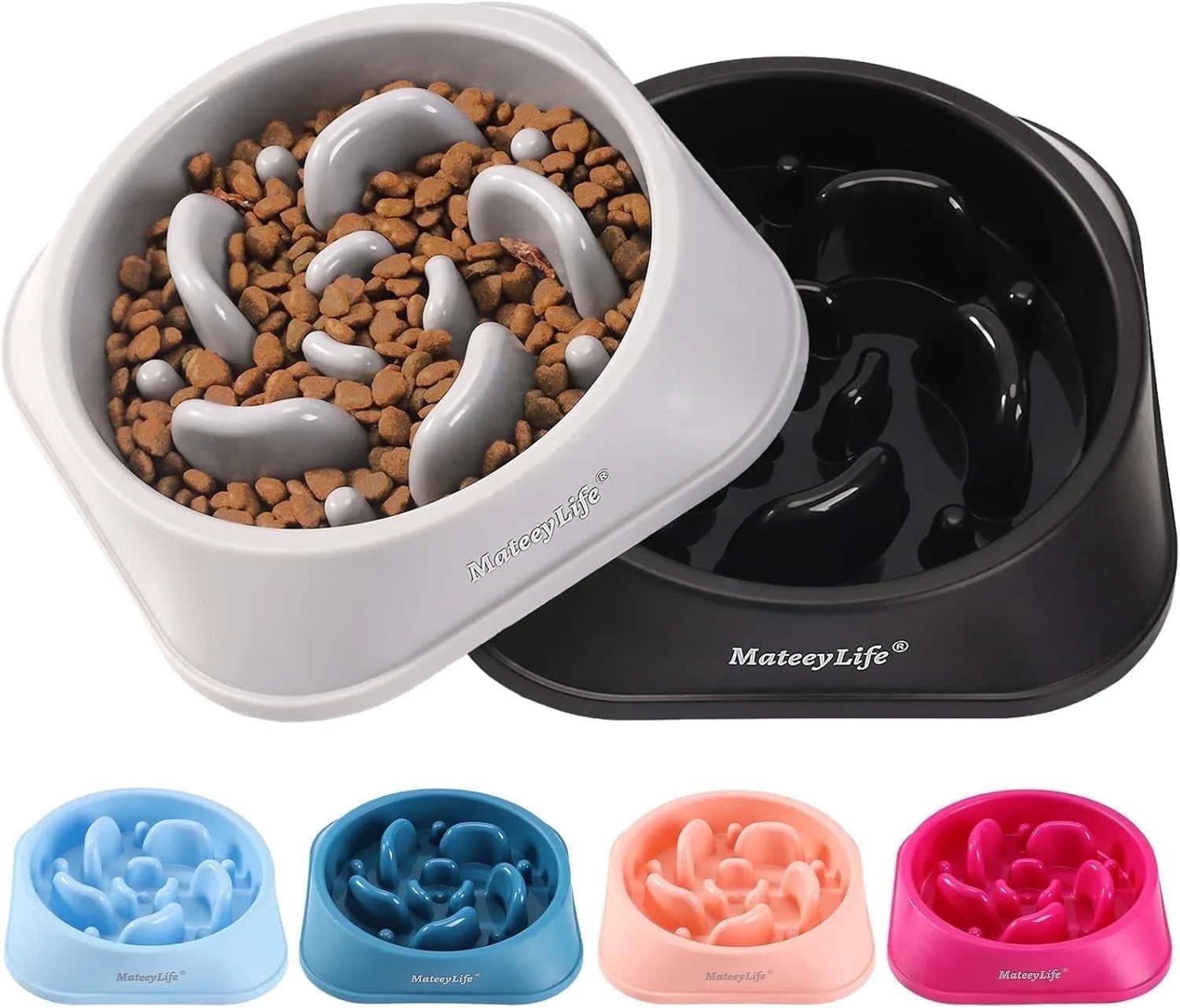 Slow Feeder Dog Bowls 2PCS, Non Slip Cat Food Bowls, Bloat Stop Maze Dishes, Interactive Feeder for All Breeds 2 Cup Gray&amp;Black