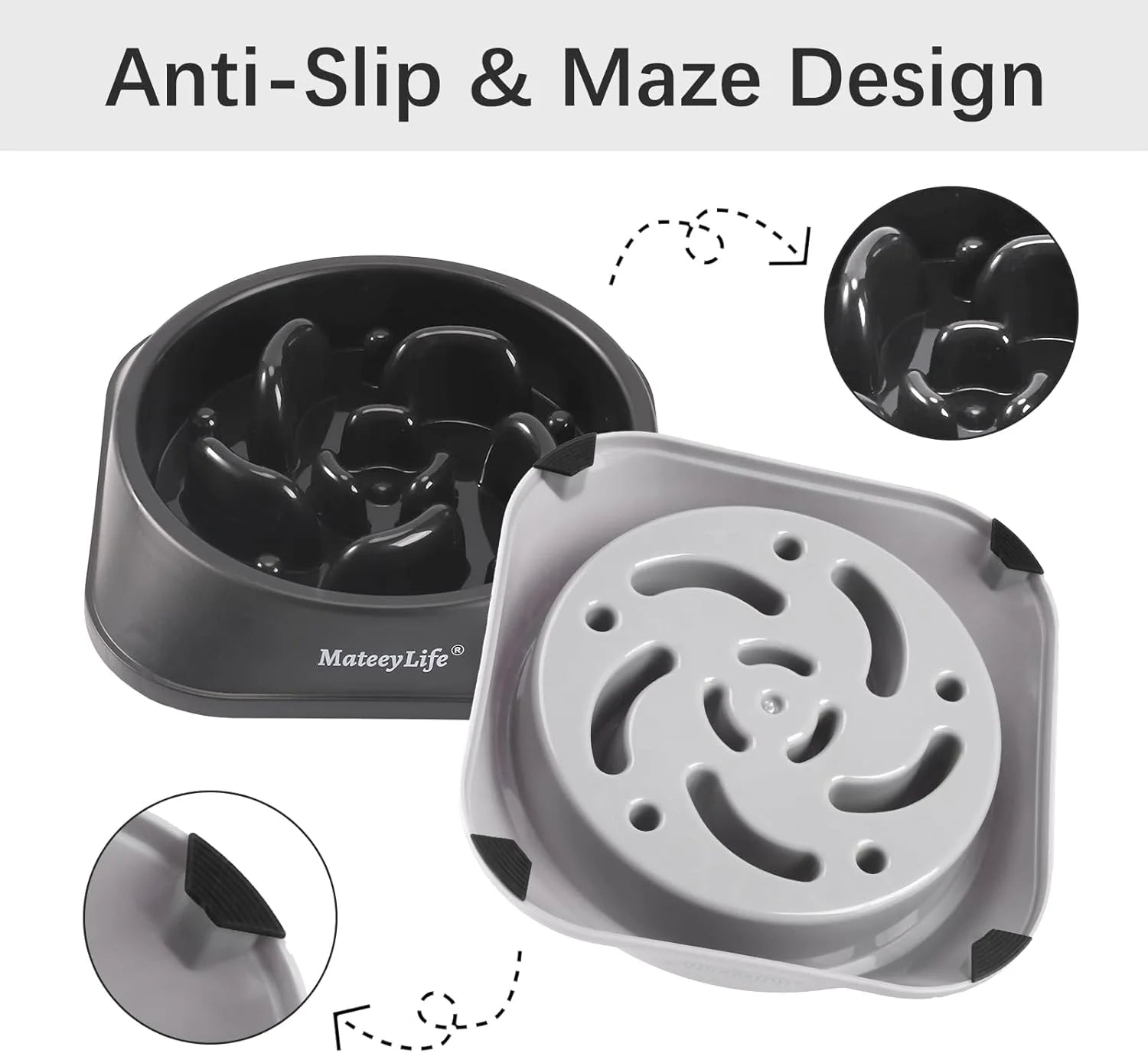 Slow Feeder Dog Bowls 2PCS, Non Slip Cat Food Bowls, Bloat Stop Maze Dishes, Interactive Feeder for All Breeds 2 Cup Gray&amp;Black