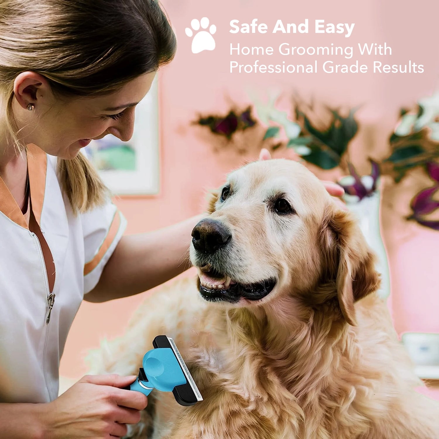 Ergonomic Grooming Brush for Dogs &amp; Cats - Reduces Shedding - Easy Clean Anti-Slip Handle - Deshedding Tool